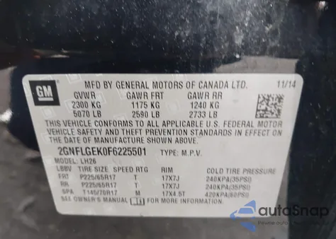 2015 Chevrolet Equinox 2Lt из США, поврежденный, VIN 2GNFLGEK0F6225501